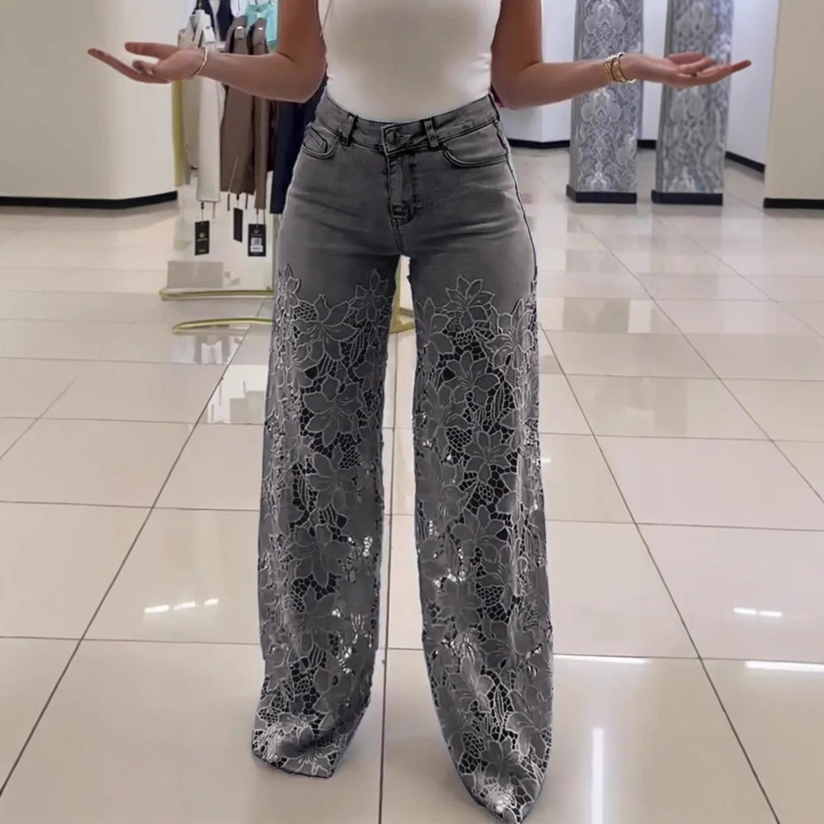 Women's Lace Cut-Out High-Waist Wide-Leg Jeans (photo 2)
