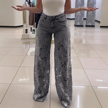 Women's Lace Cut-Out High-Waist Wide-Leg Jeans (photo 2)