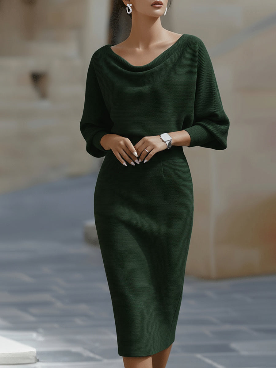 Women's Pleated Batwing-Sleeve A-Line Midi Dress (photo 11)