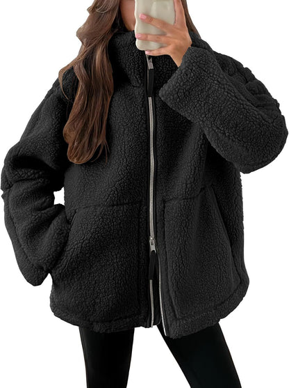 Women's Lapel Zip-Up Fleece Coat with Pockets (photo 7)