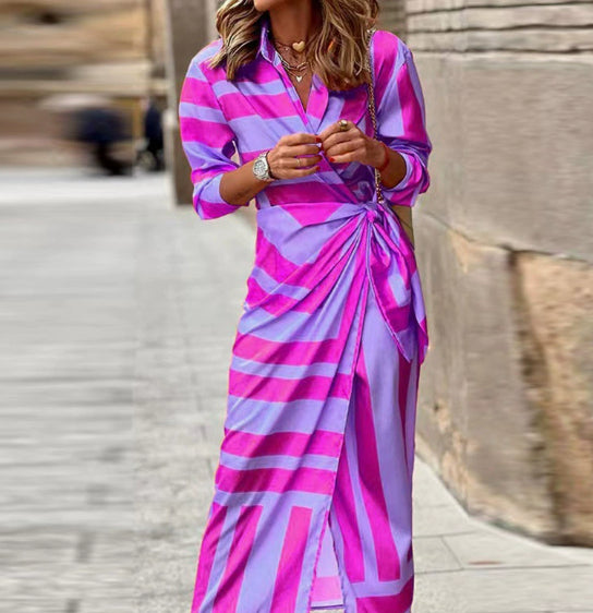 Women's Printed Lapel Shirt Dress with Belt (photo 16)