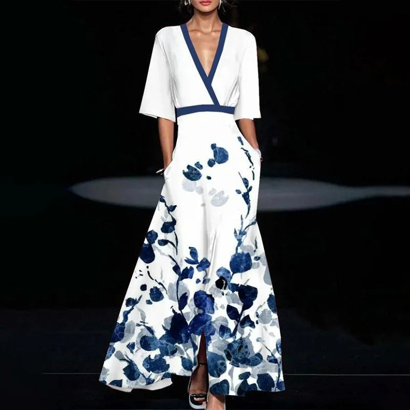 Women's Floral V-Neck Short-Sleeve Maxi Dress with Slit (photo 2)