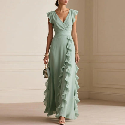 Women's Ruffle V-Neck Sleeveless Maxi Dress