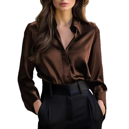 Women's Satin Button-Up Long-Sleeve Blouse (photo 5)