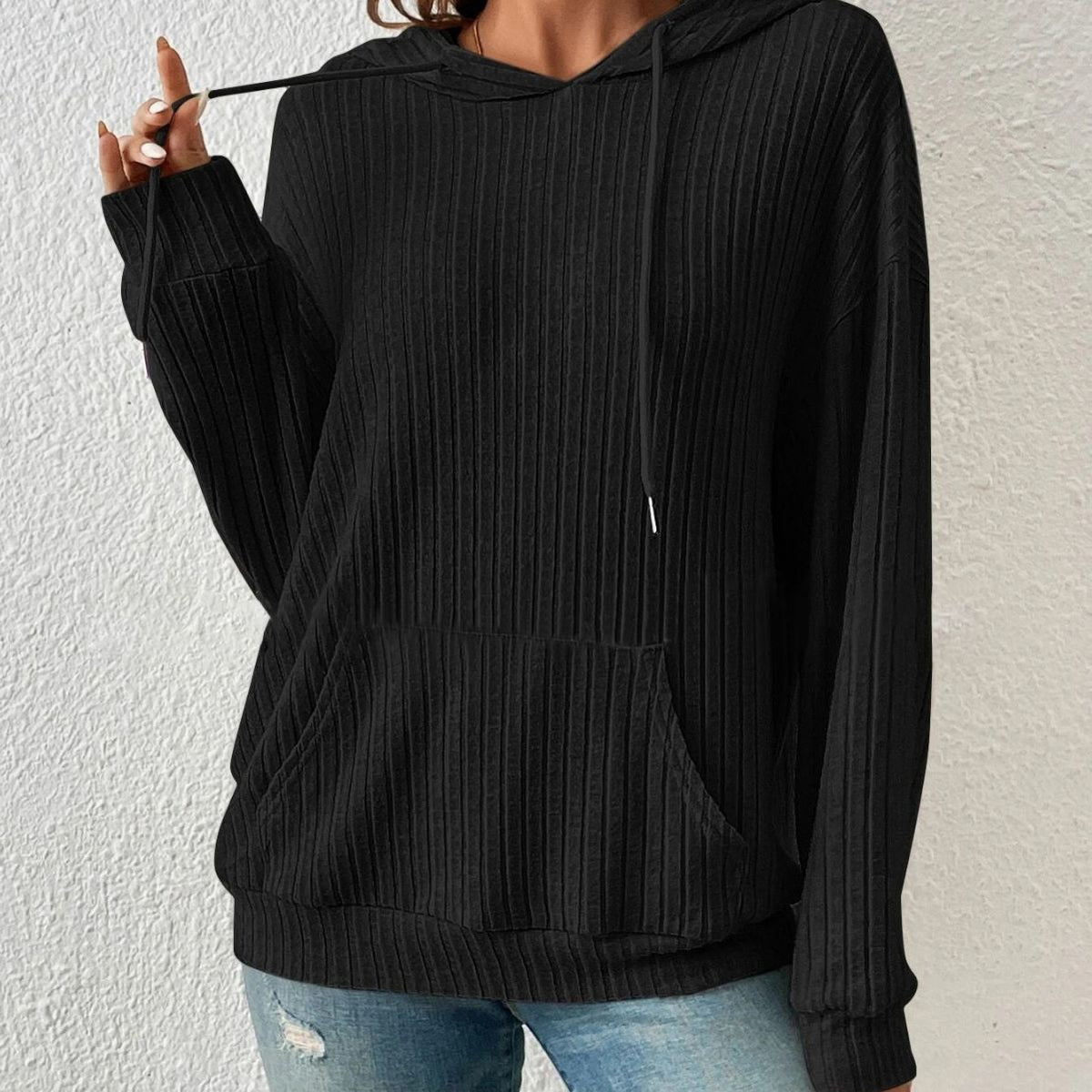 Women's Drawstring Hooded Knit Sweatshirt with Pockets (photo 6)
