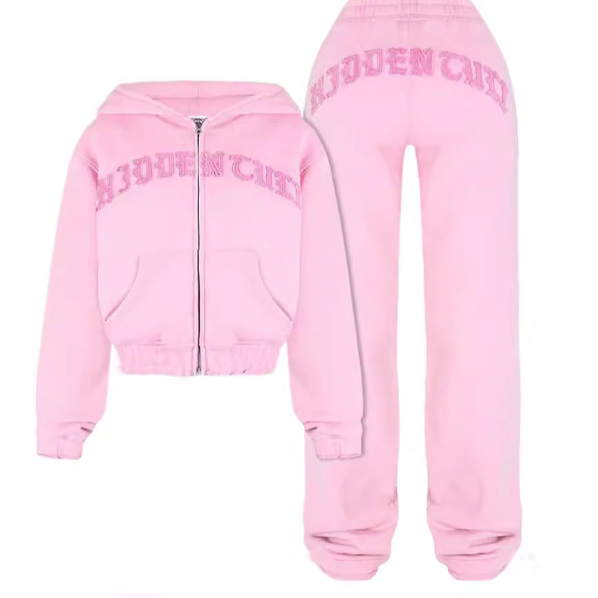 Women's Zip-Up Hooded Crop Sweatshirt and Drawstring Pants Set (photo 2)