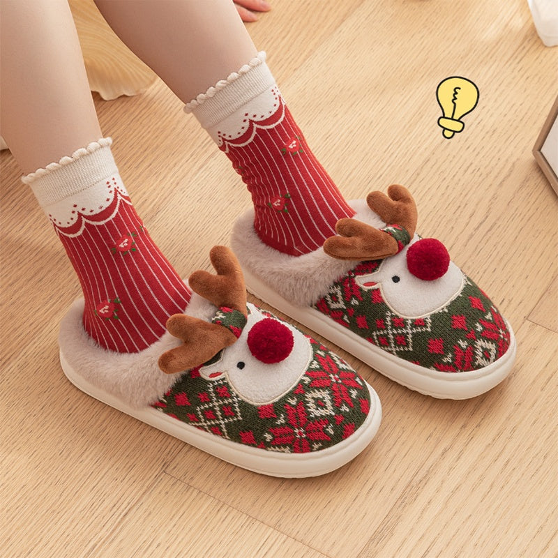 Christmas Elk Embroidered Plush Slippers (photo 3)