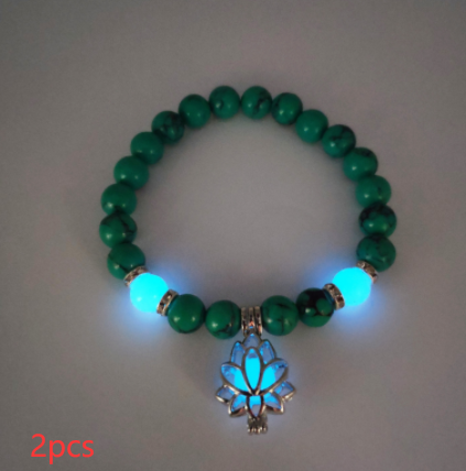 Glow-in-the-Dark Lotus Charm Beaded Bracelet – E, 2-Pack