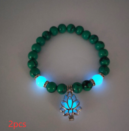 Glow-in-the-Dark Lotus Charm Beaded Bracelet – E, 2-Pack