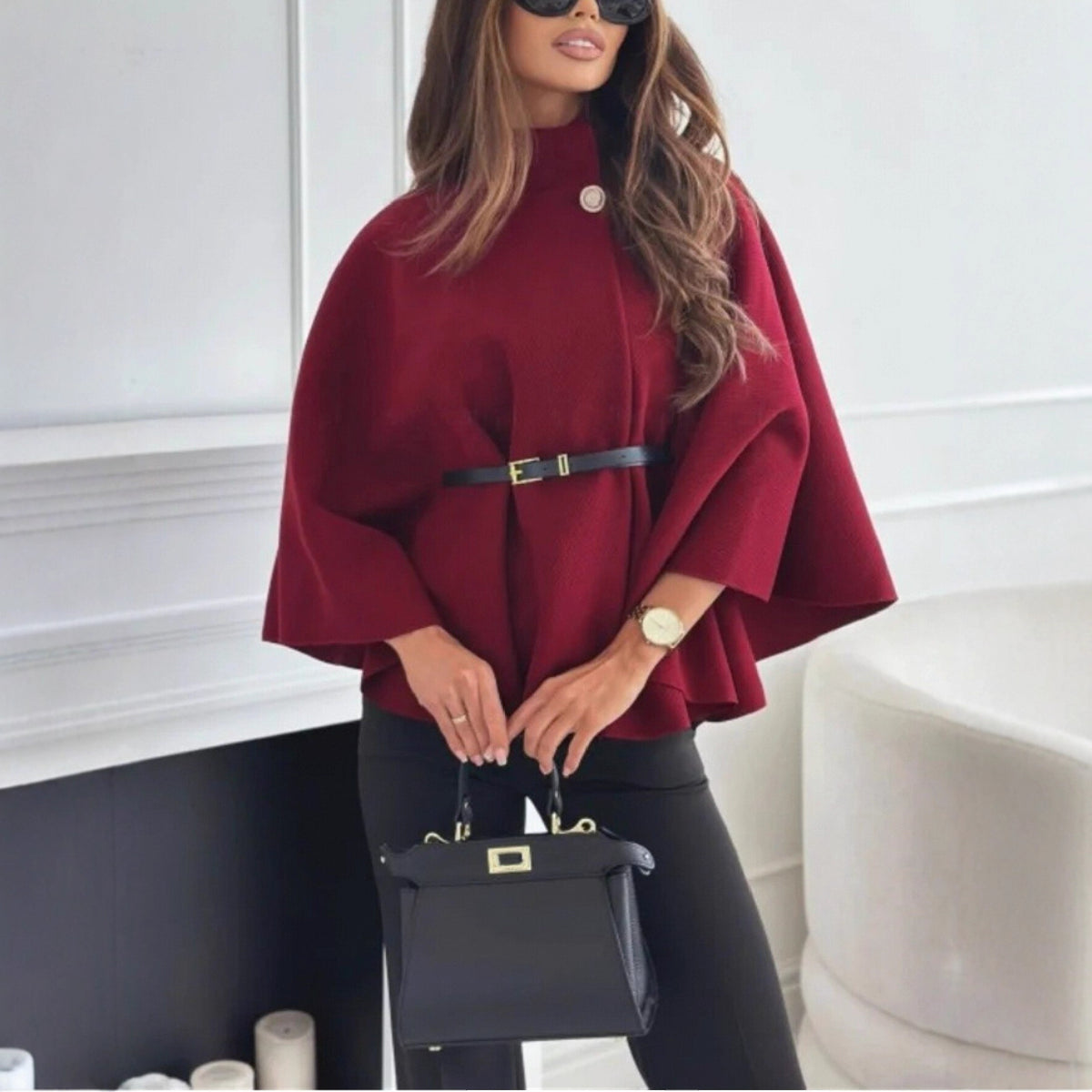 Women's Stand-Collar Batwing Cape Jacket with Belt (photo 24)