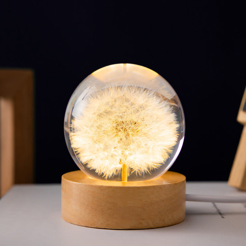 Dandelion or Daisy Ball Night Light with Beech Wood Base, USB – Dandelion