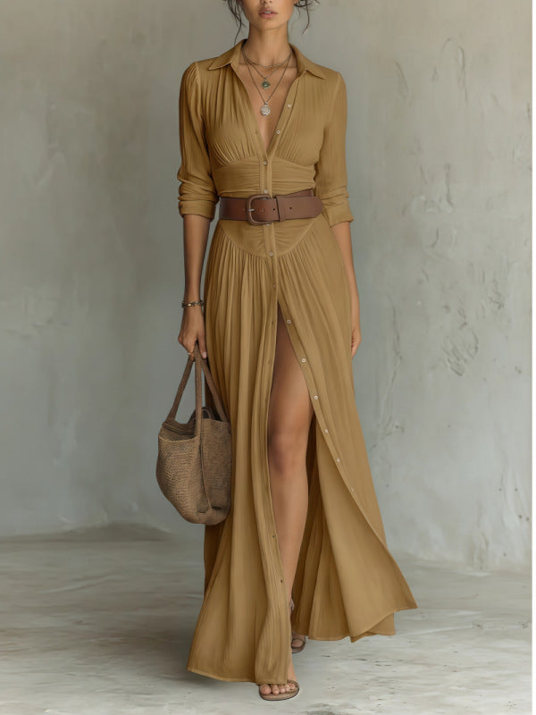 Women's V-Neck Maxi Shirt Dress with Side Slit (photo 8)