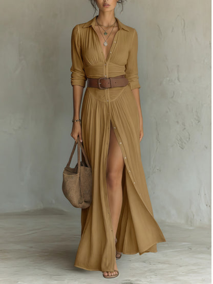Women's V-Neck Maxi Shirt Dress with Side Slit (photo 8)