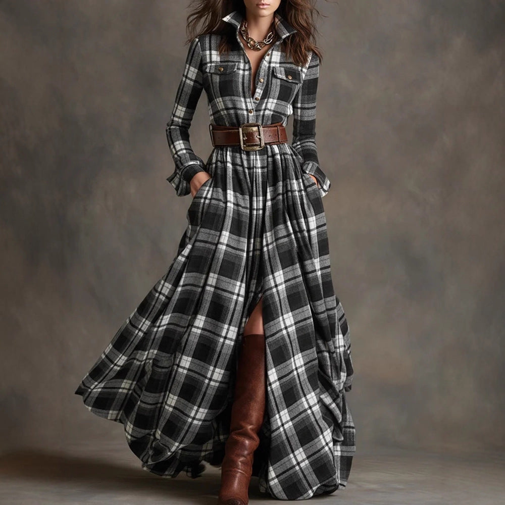 Women's Plaid Long-Sleeve Shirt Dress with Pockets (photo 5)