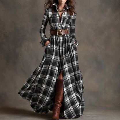 Women's Plaid Long-Sleeve Shirt Dress with Pockets (photo 5)