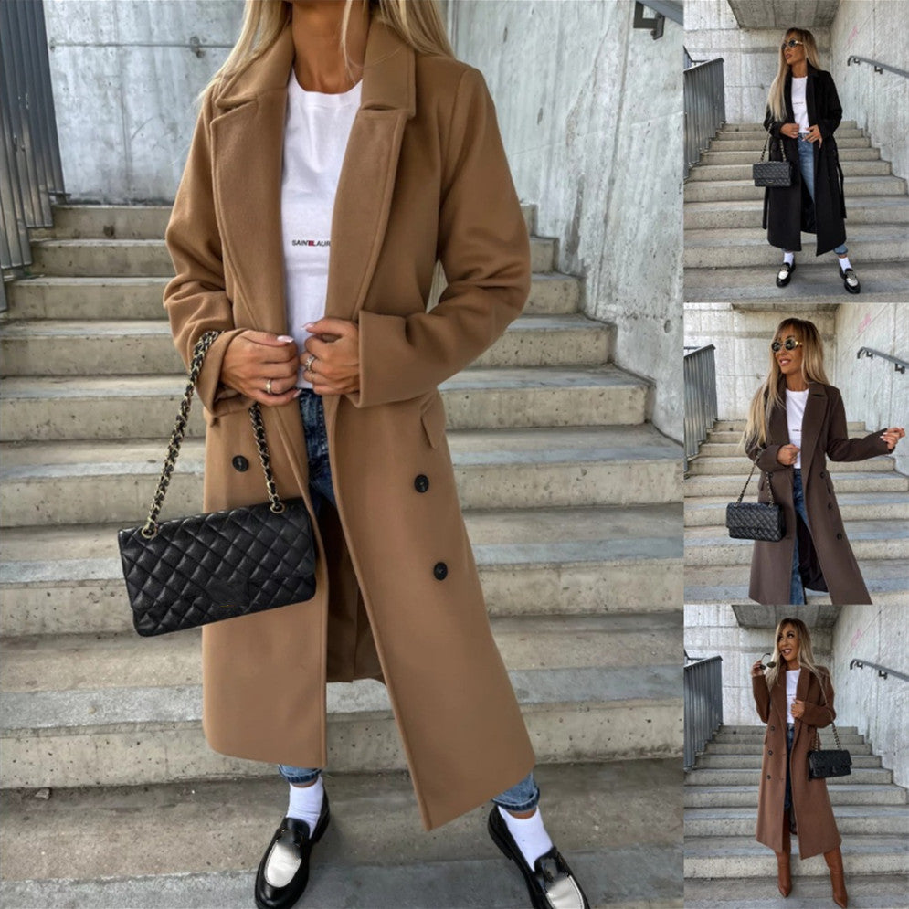 Women's Double-Breasted Belted Long Coat
