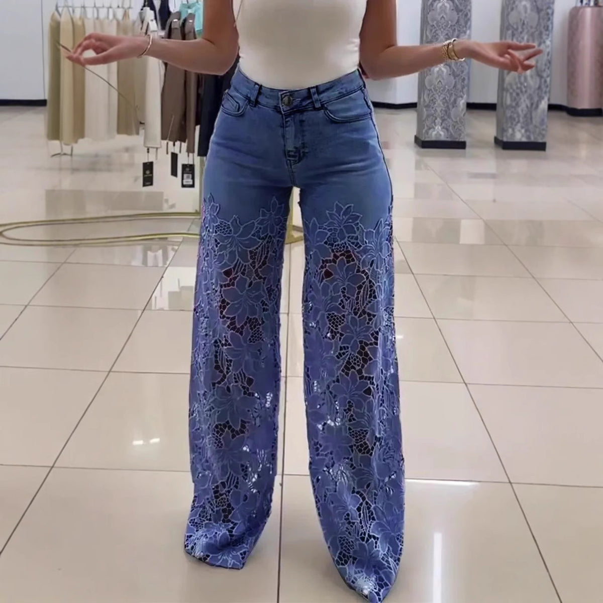 Women's Lace Cut-Out High-Waist Wide-Leg Jeans (photo 4)
