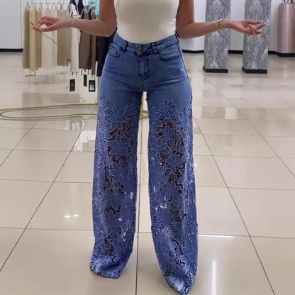Women's Lace Cut-Out High-Waist Wide-Leg Jeans (photo 4)