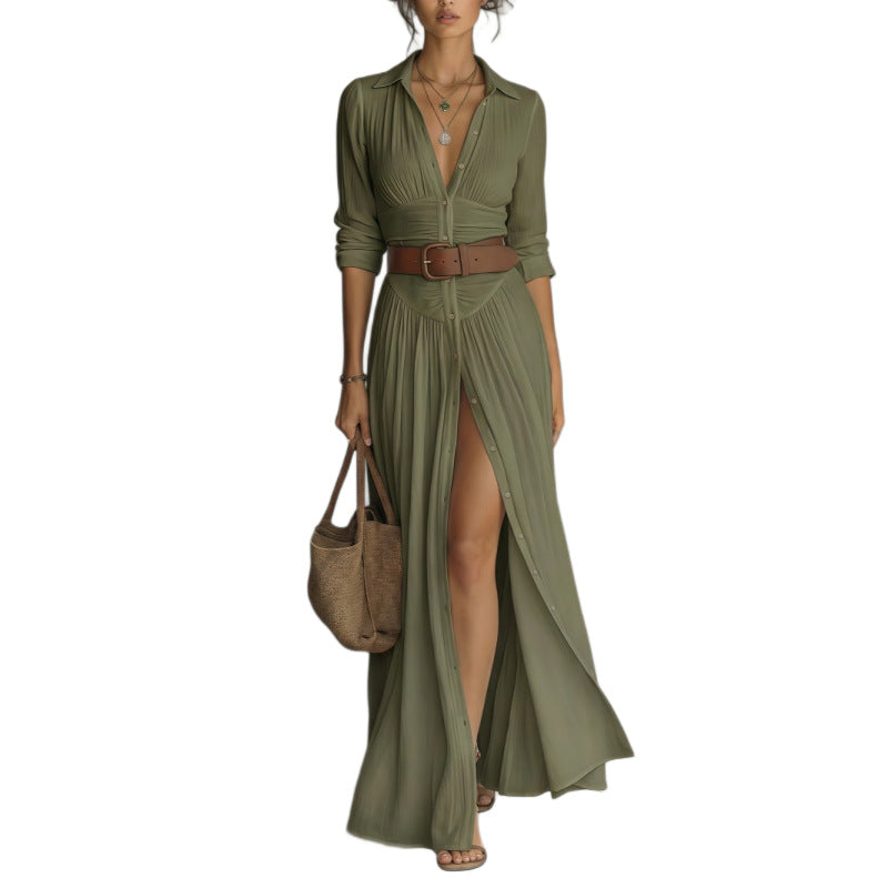Women's V-Neck Maxi Shirt Dress with Side Slit (photo 10)