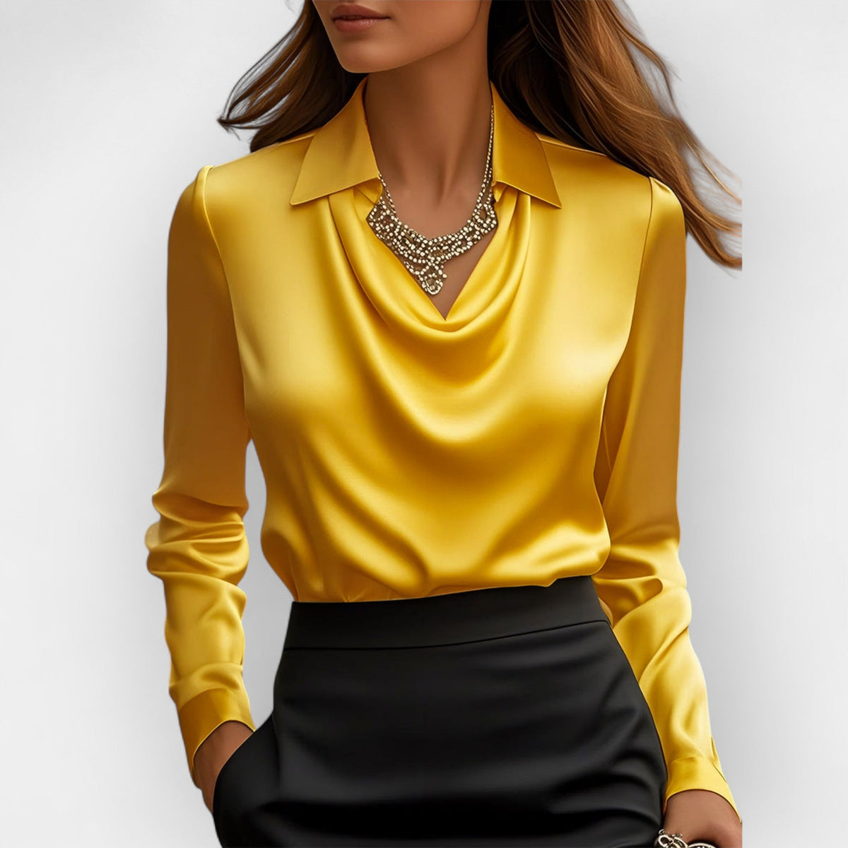 Women's Draped-Collar Satin Long-Sleeve Blouse (photo 2)