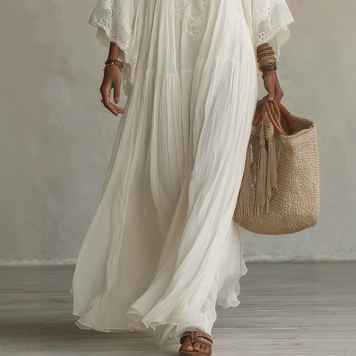 Women's V-Neck Maxi Dress with Lace Trim (photo 4)