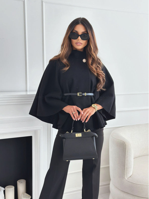 Women's Stand-Collar Batwing Cape Jacket with Belt (photo 11)