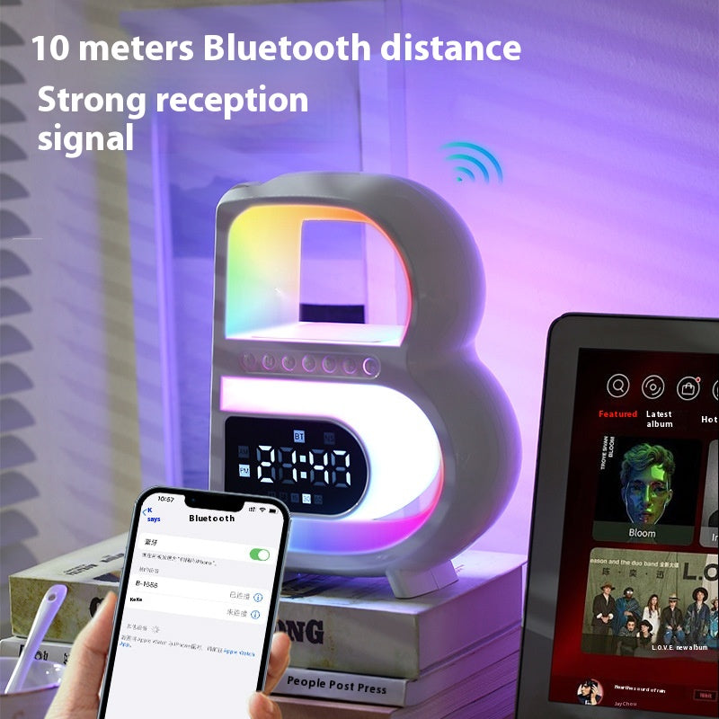 B-Shaped Bluetooth Speaker with Lamp, Alarm Clock and Wireless Charger (photo 3)