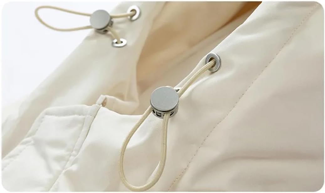 Close-up of the white parka's hood drawstring toggles
