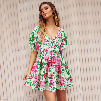 Women's Floral V-Neck Lantern-Sleeve Mini Dress (photo 6)