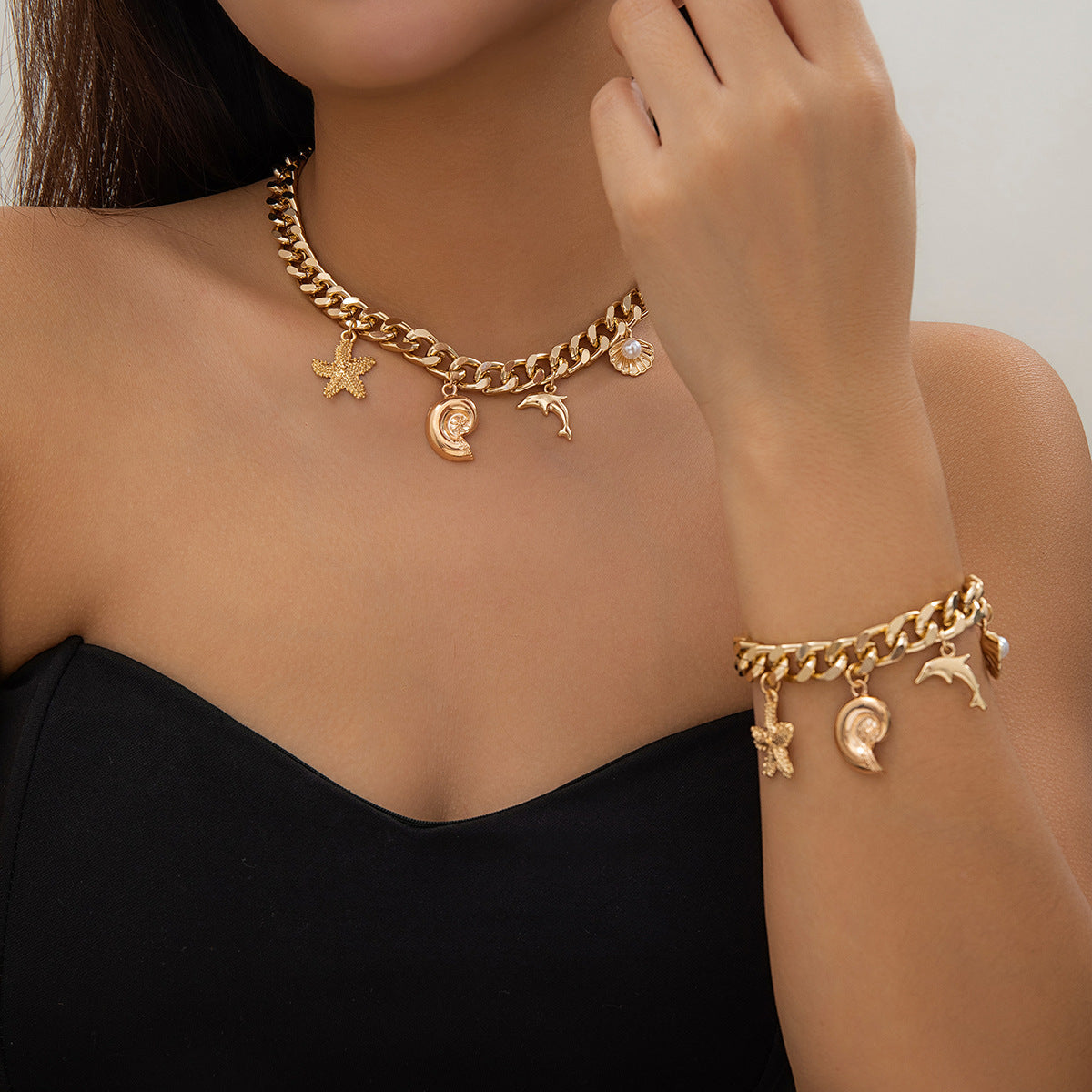 Boho Ocean Charm Choker Necklace and Bracelet (photo 2)