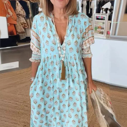 Women's Boho Print Lantern-Sleeve Ruffle Maxi Dress (photo 4)