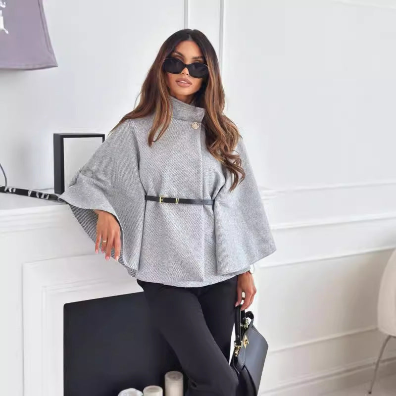 Women's Stand-Collar Batwing Cape Jacket with Belt (photo 7)