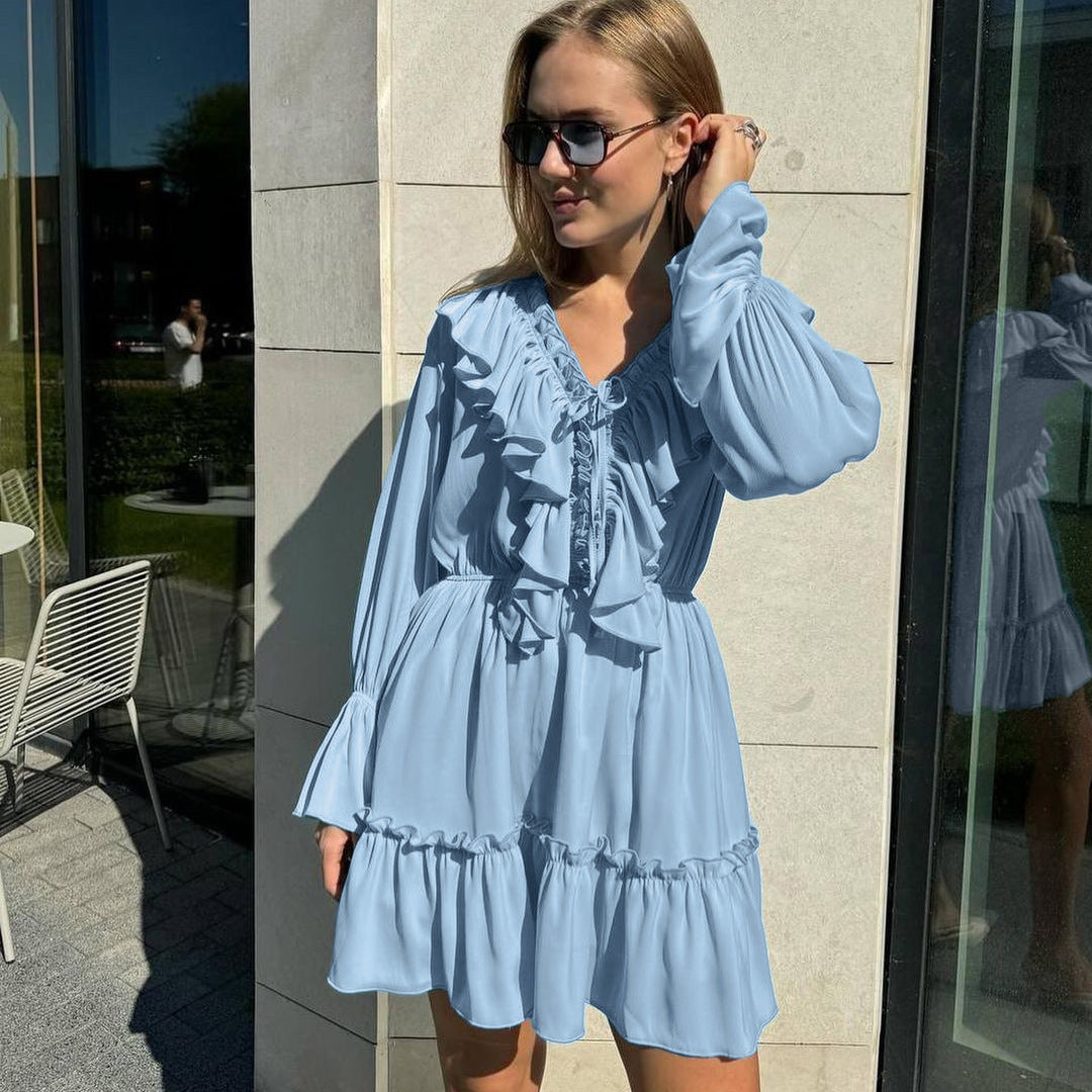 Women's V-Neck Ruffle Flare-Sleeve Mini Dress (photo 5)