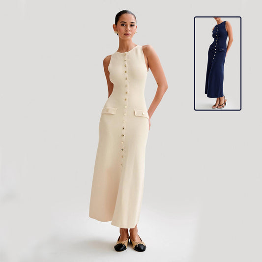 Women's Sleeveless Knit Button-Front Long Dress
