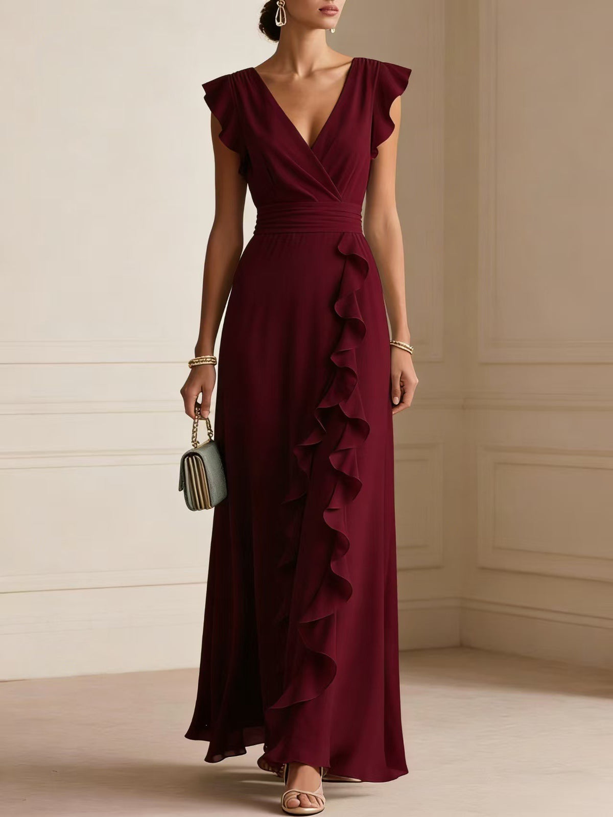 Women's Ruffle V-Neck Sleeveless Maxi Dress (photo 5)