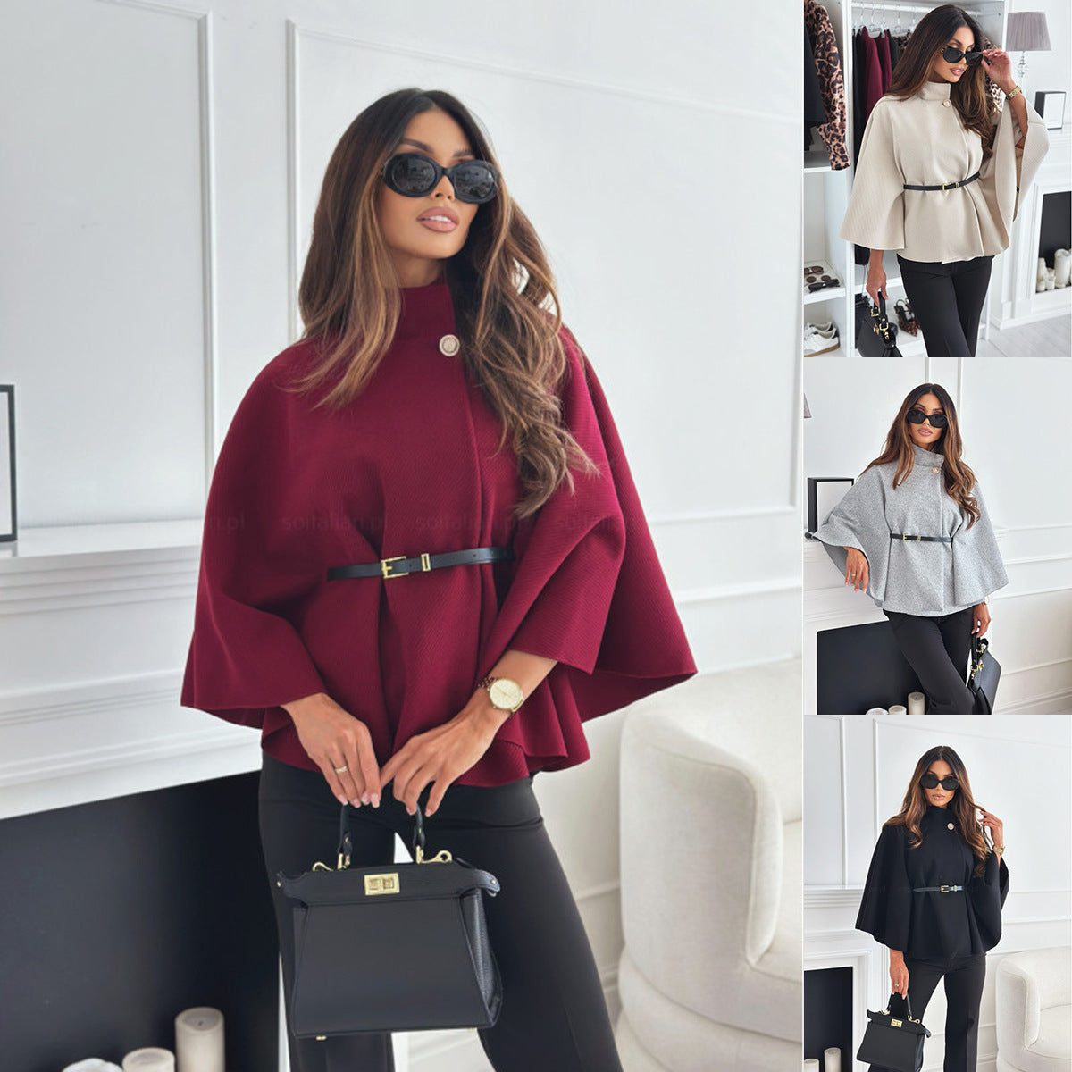 Women's Stand-Collar Batwing Cape Jacket with Belt