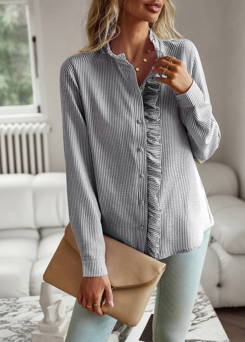 Women's Striped Ruffle Long-Sleeve Button-Up Blouse (photo 15)