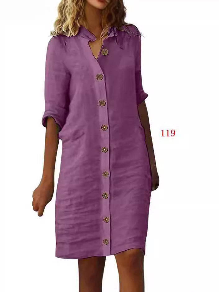 Women's Half-Sleeve V-Neck Button-Front Shirt Dress (photo 17)