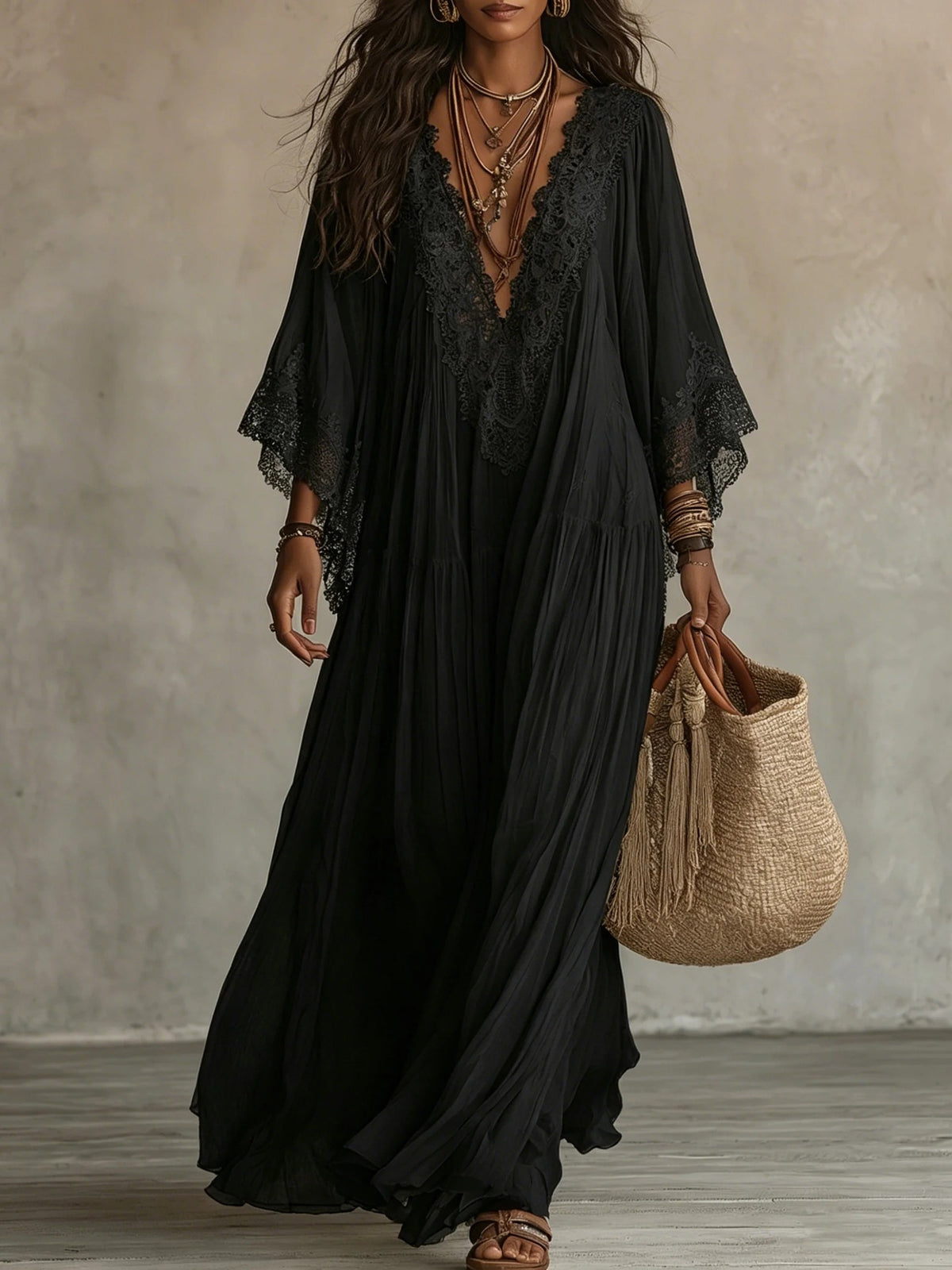 Women's V-Neck Maxi Dress with Lace Trim (photo 8)