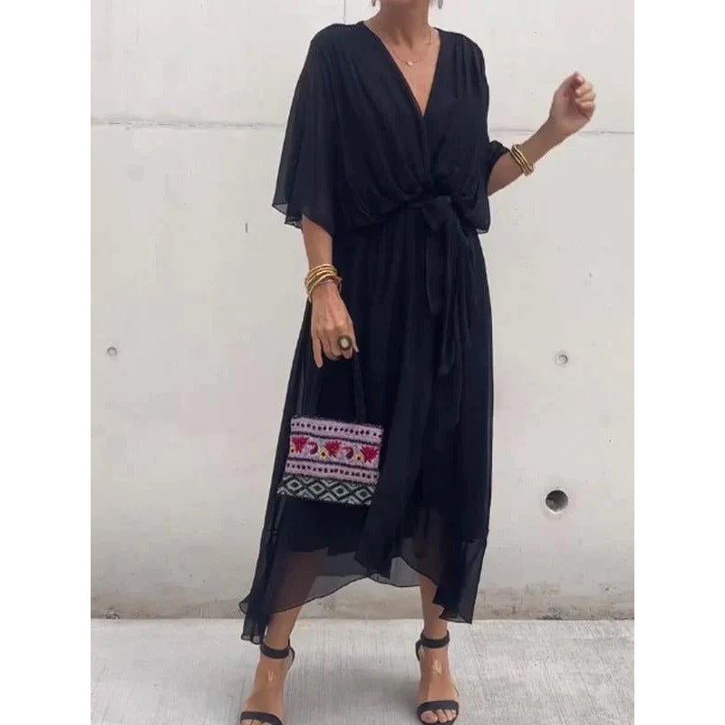 Women's Batwing-Sleeve V-Neck Tie-Waist Midi Dress (photo 8)