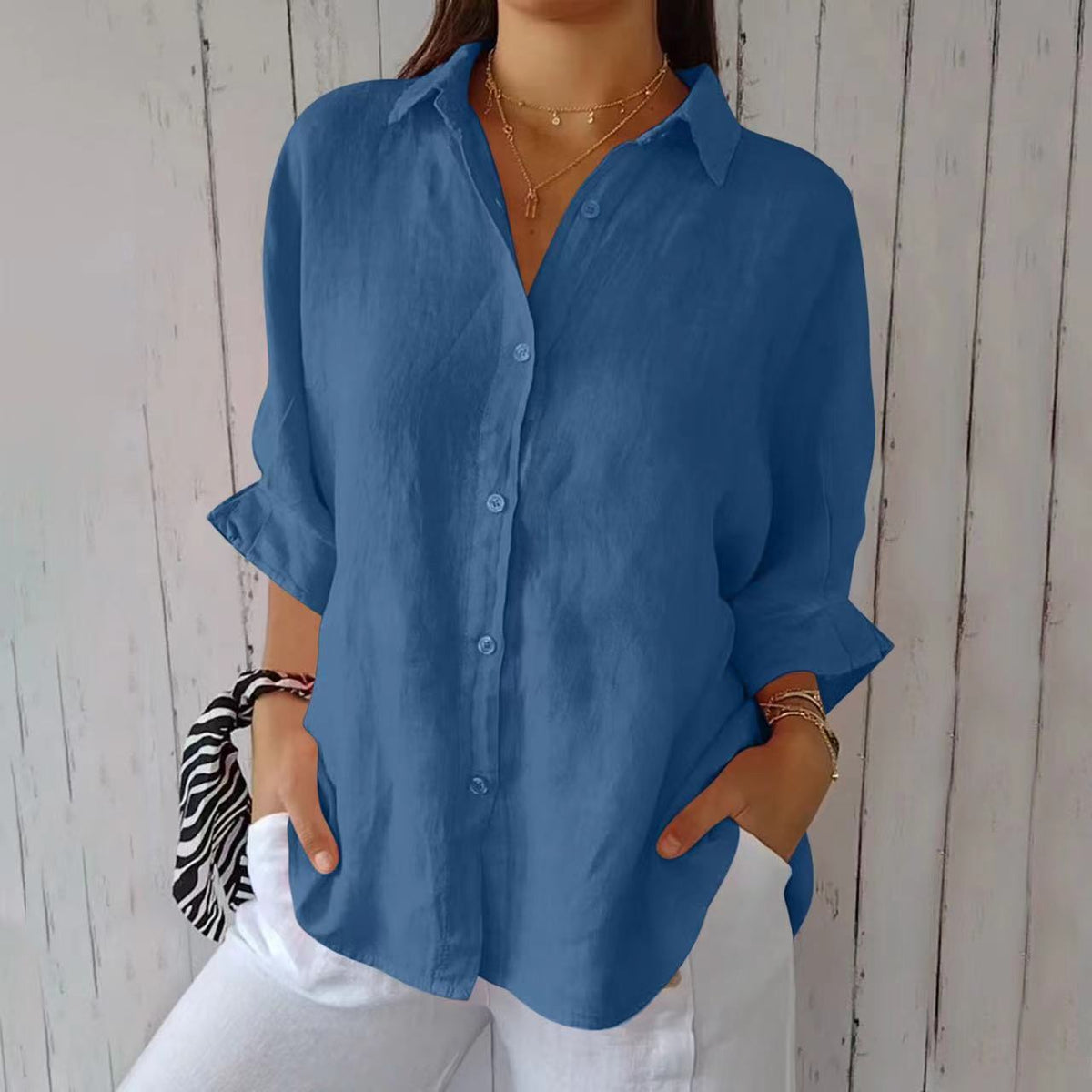 Women's Lapel Long-Sleeve Pleated Button-Front Shirt (photo 19)