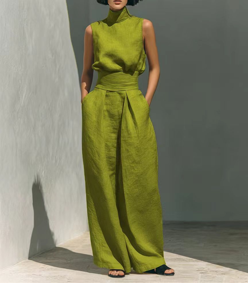 Women's Sleeveless Stand-Collar Top and Wide Pants Set (photo 17)