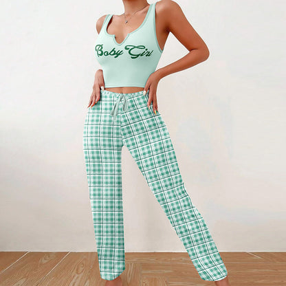 Women's Sleeveless Pajama Set with Plaid Pants (photo 6)