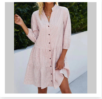 Women's Plaid Ruffle V-Neck Button Dress (photo 2)
