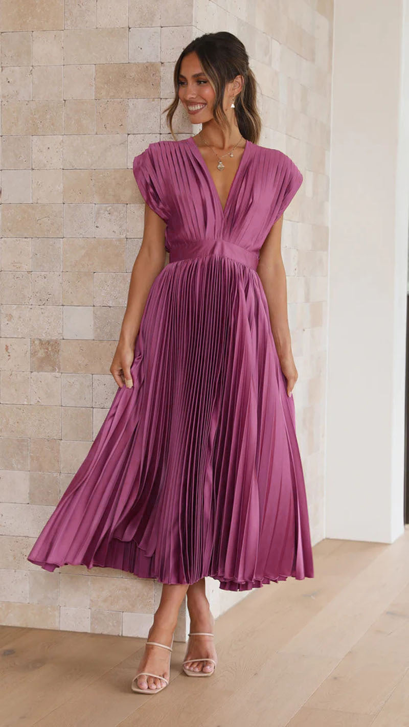 Women's V-Neck Pleated Sleeveless Dress with Zipper (photo 17)