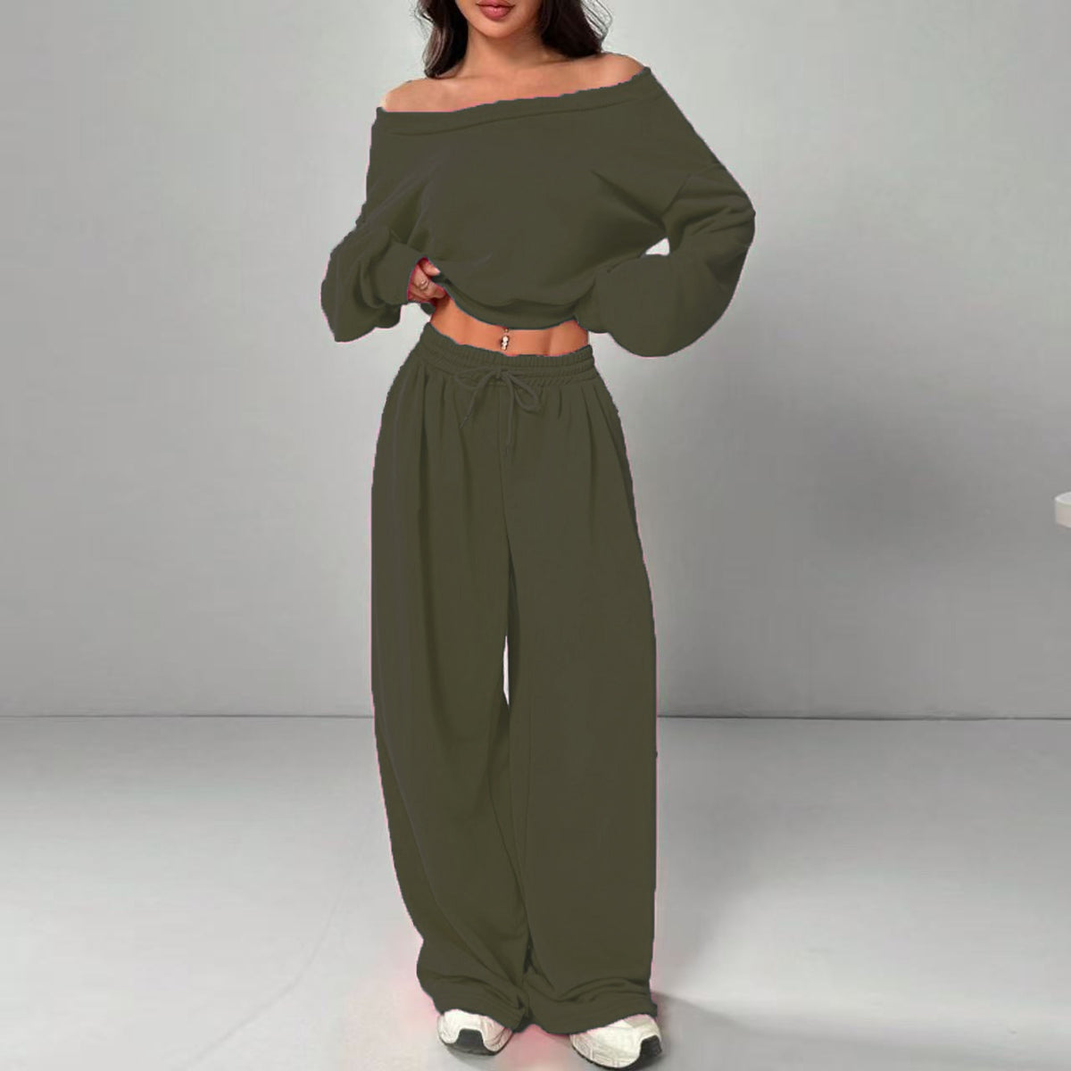 Women's One-Shoulder Sweatshirt and Tie-Waist Trousers Set (photo 13)