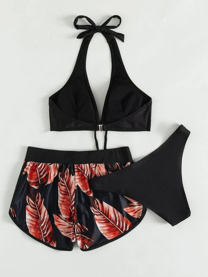 Women's 3-Piece Leaf Print Bikini with Shorts (photo 6)