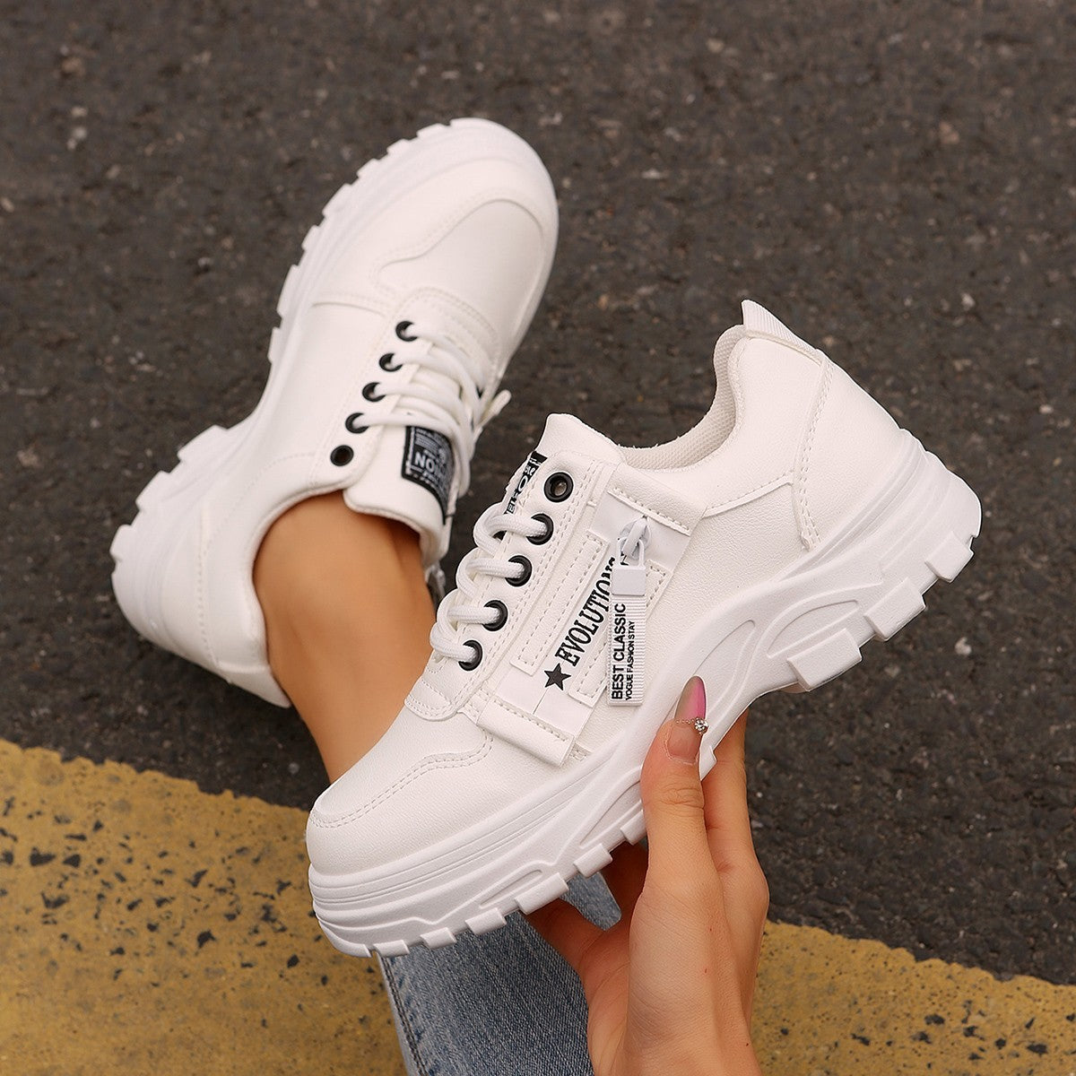 Women's Chunky Sole Lace-Up Sneakers with Side Zipper (photo 3)