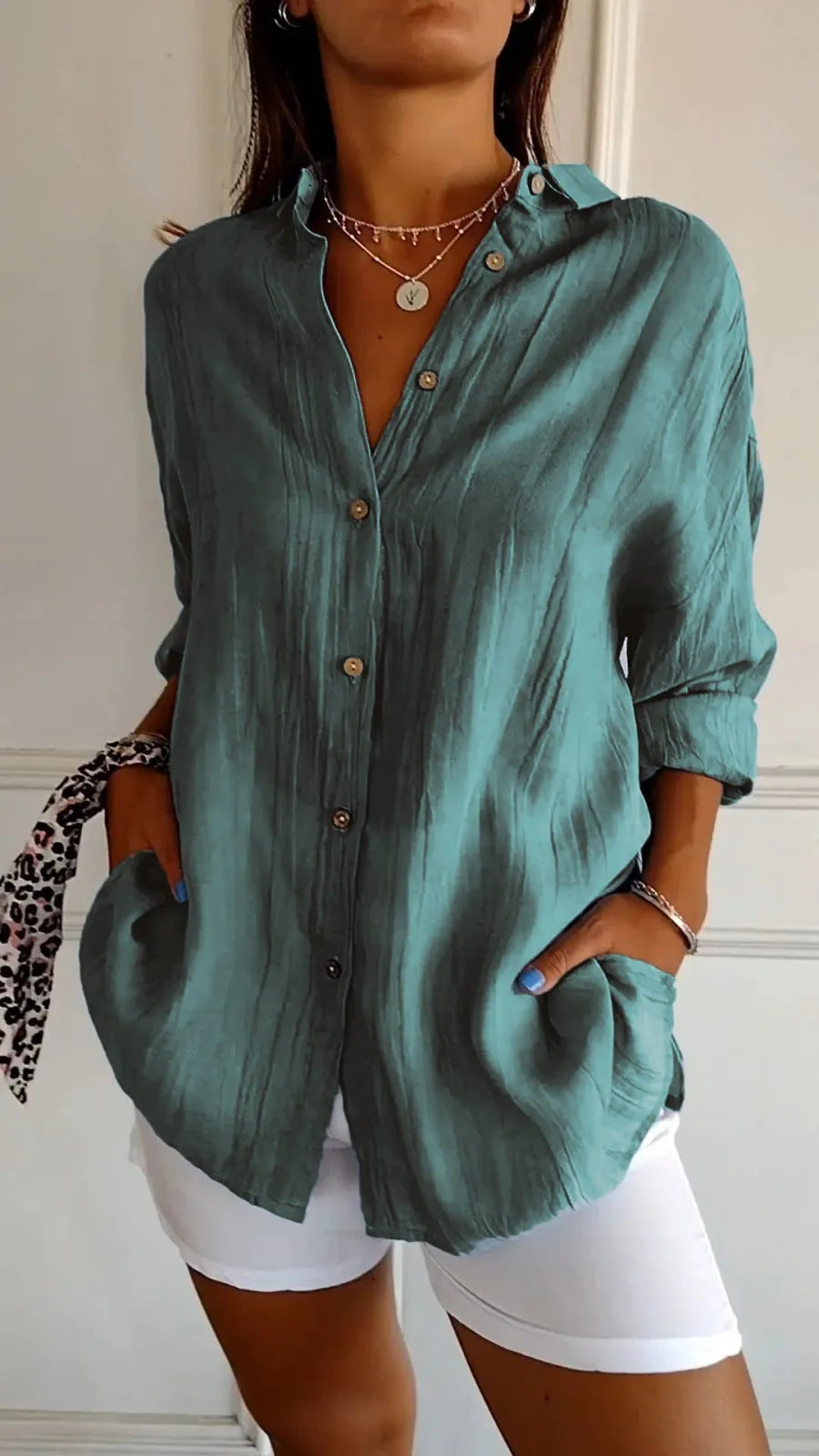 Women's Lapel Long-Sleeve Pleated Button-Front Shirt (photo 15)