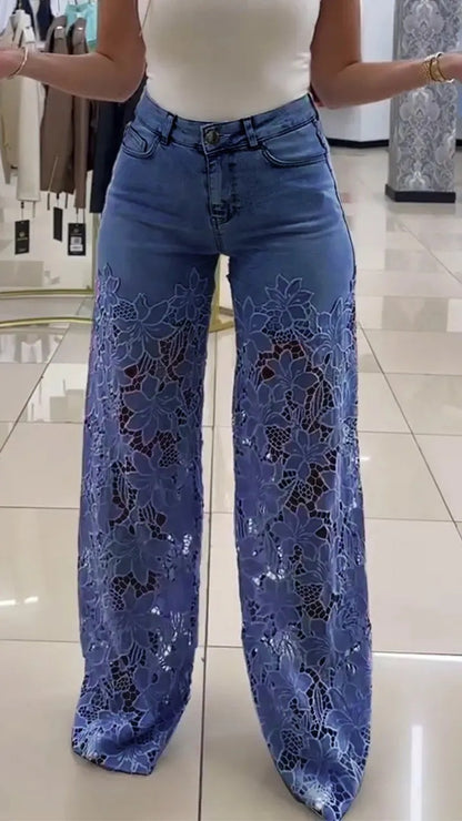 Women's Lace Cut-Out High-Waist Wide-Leg Jeans (photo 9)